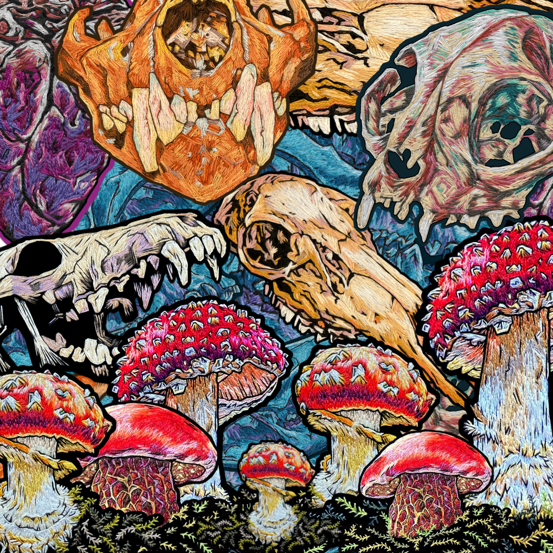 Collage of images of brightly colored skull and mushroom embroideries that have been digitized into stickers