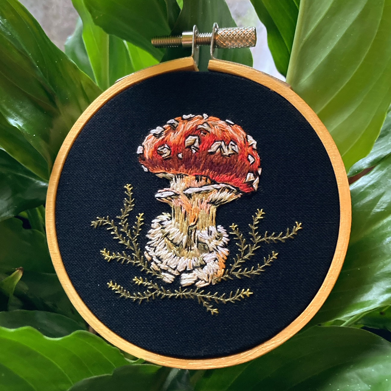 Button Amanita Mushroom Hand Embroidery - 3"