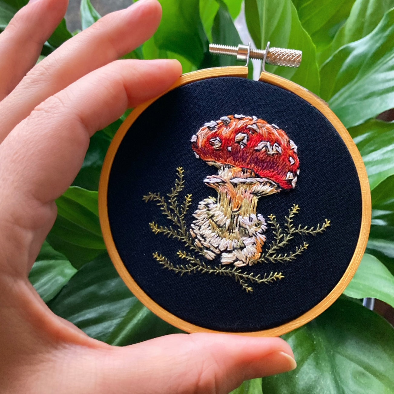 Button Amanita Mushroom Hand Embroidery - 3"